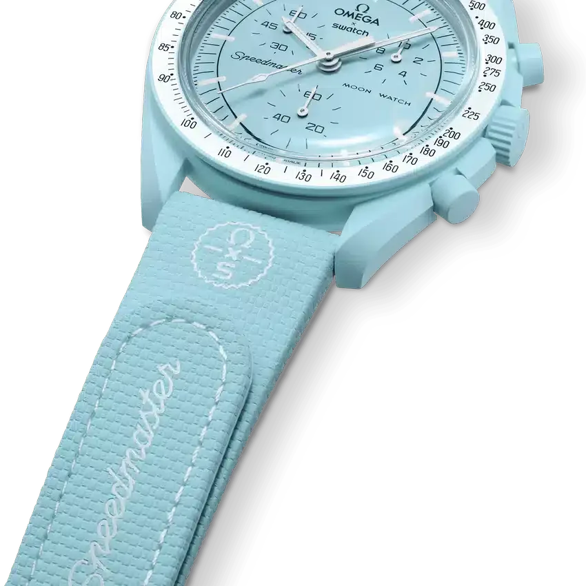 MoonSwatch lichtblauw/wit rubber