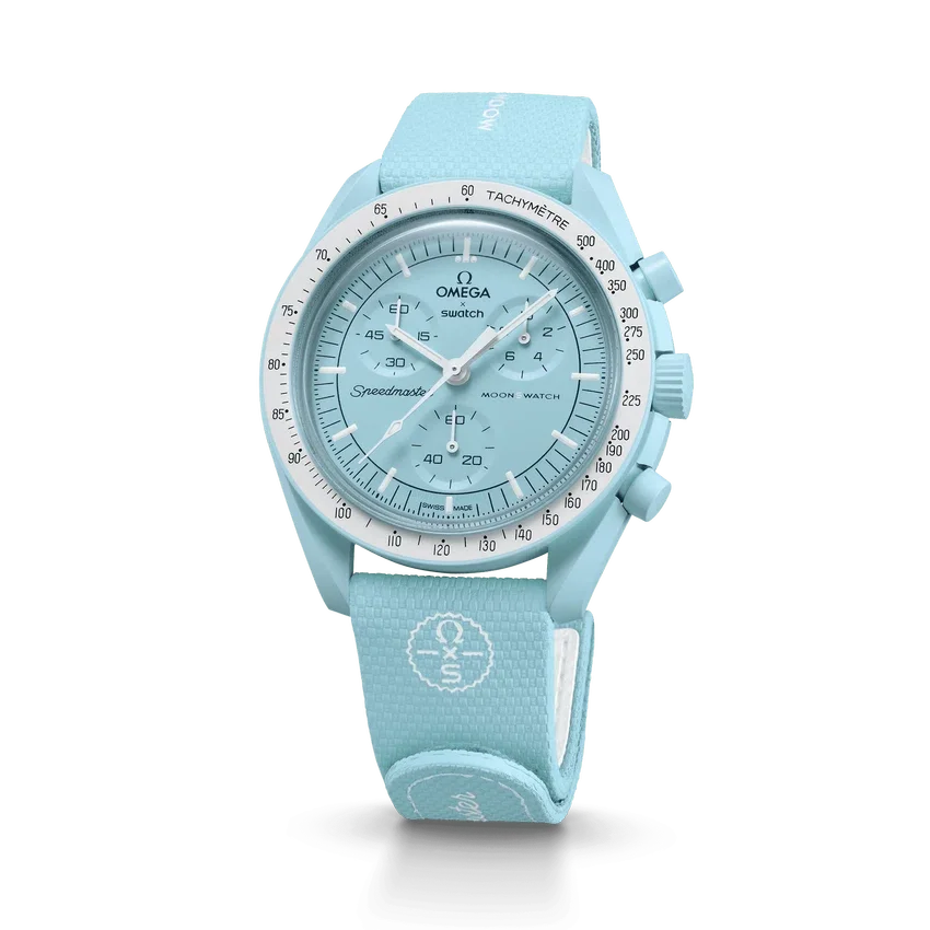 MoonSwatch lichtblauw/wit rubber