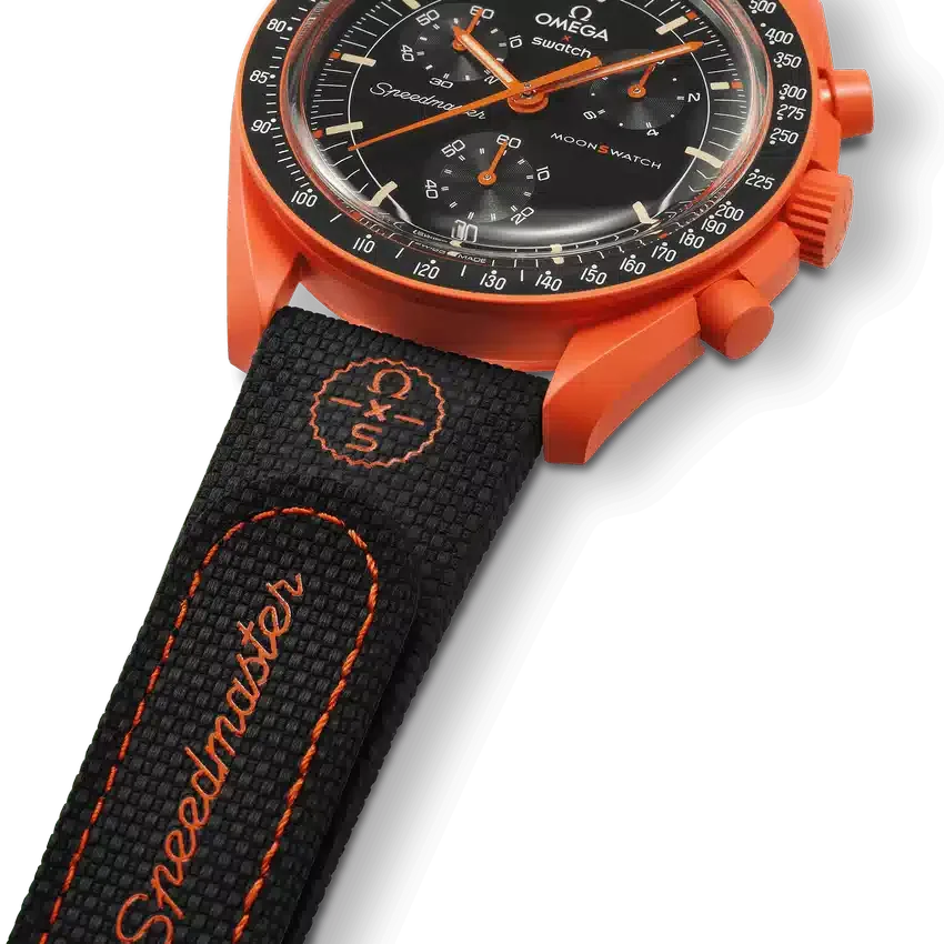 MoonSwatch zwart/oranje rubber