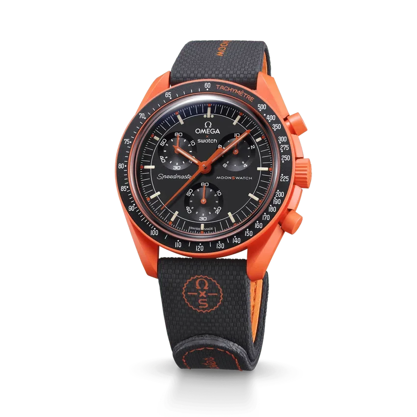 MoonSwatch zwart/oranje rubber